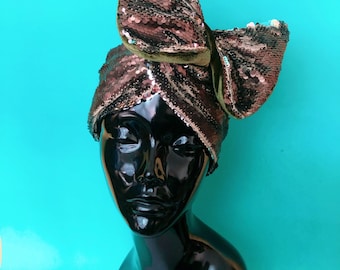 Mermaid Two Tone Reversible Bronze Silver Sequin Turban Headwap + Olive Green Velvet Lining. Hollywood Glamour Mardi Gras Costume Accessory