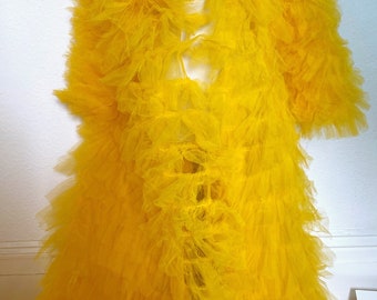 Marigold Yellow Tulle Ruffle Puffy Tiered Oversized Extra Gown Robe Costume Festival Party Statement Piece Coat Drag