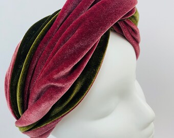 Luxe Olive Green & Dusky Rose Velvet Knotted Turban Bandeau Twist Knot Bandeau Velvet Turban Velvet Bandeau Knotted Headband