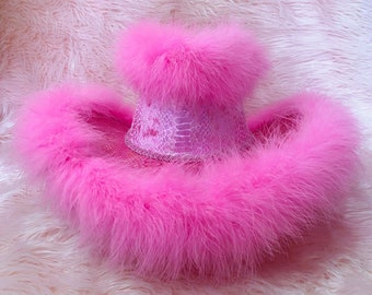 Barbie Bubblegum Pink Fluffy Marabou Cowboy Hat. Cowgirl Hat Western Hat Style. Festival Party Bridal Furry Fluffy Texas Y2K Candyfloss