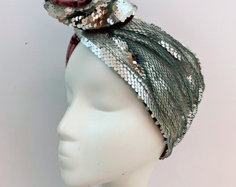 Mermaid Reversible Matte Silver Sequin Turban Headwap + Shale Velvet Lining. Hollywood Glamour Mardi Gras Costume Accessory