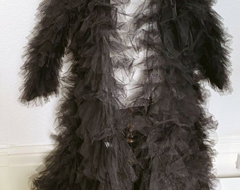 Gothic Black Tulle Ruffle Puffy Tiered Oversized Extra Gown Robe Costume Festival Party Statement Piece Coat Drag Queen