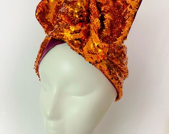 Elegant Burnt Orange Sequin Head-wrap NEW* Burnt Orange Sequin Headwrap Reversible Turban Headband  main image 2