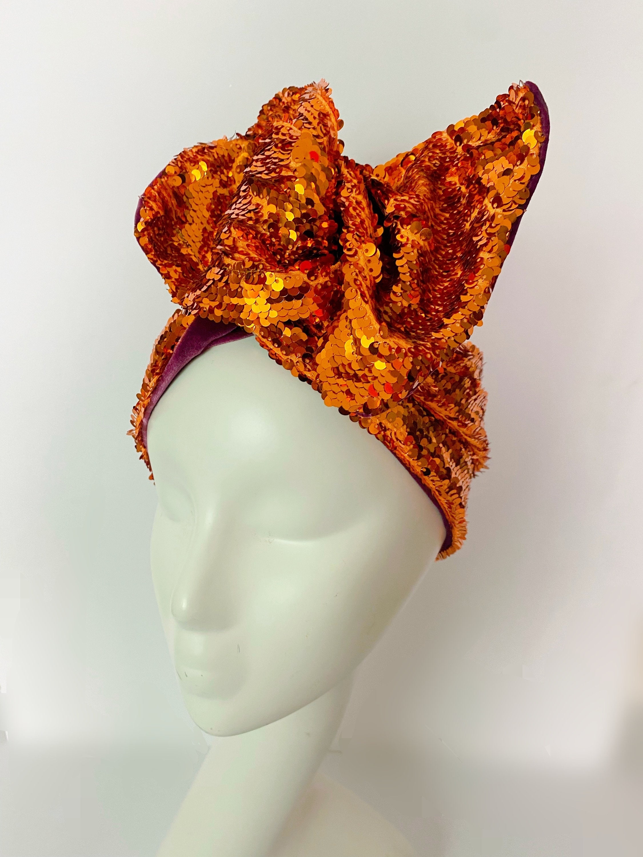 Elegant Burnt Orange Sequin Head-wrap Handmade Linen Knit Headscarf: Orange Sequin Boho Hair Wrap  main image 3