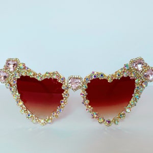 Festival Party Heart Shaped Sunglasses. Embellished Bling Sunnies Eyewear. Pale Pink & AB Rhinestone, Gold Diamante. Burning Man Ibiza Retro