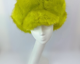 Acid Pistachio Fluffy Baker Boy Cap. Oversized Peak Hat Green Luxury Faux Fur Mega Floof Festival Hat