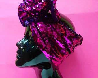 Mermaid Reversible Pink Purple Sequin Headband Headwap Turban + Purple Velvet Lining. Hollywood Glamour Costume Hair Accessory