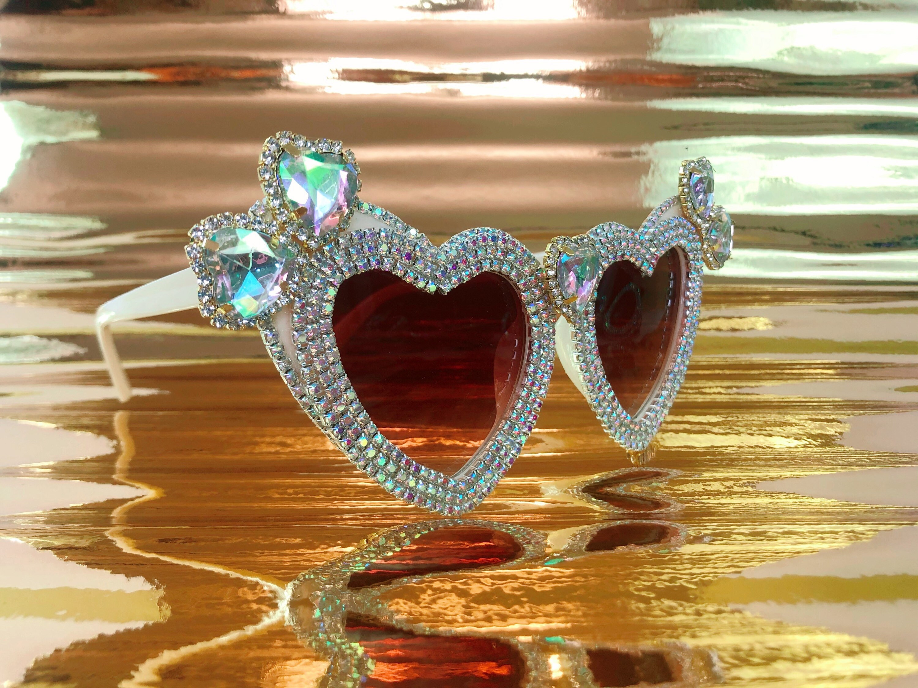 Disco Heart Sunglasses. AB Silver Diamante Rhinestone Bling 