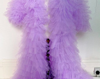 Lavender Lilac Tulle Ruffle Puffy Tiered Oversized Extra Gown Robe Costume Festival Party Statement Piece Coat
