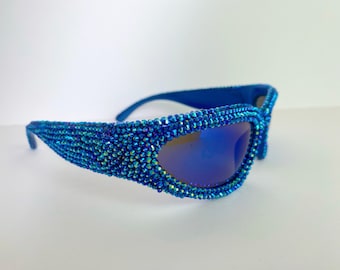 Festival Y2K Rhinestone Cyber Space Sunglasses in Galaxy Blue. Disco Diamanté Space Shades Sunnies Holographic Iridescent Rave Burning Man