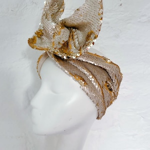 NEW* Mermaid Reversible Cream/ Gold Sequin Turban Headwap + Taupe Velvet Lining. Hollywood Glamour Mardi Gras Costume Accessory