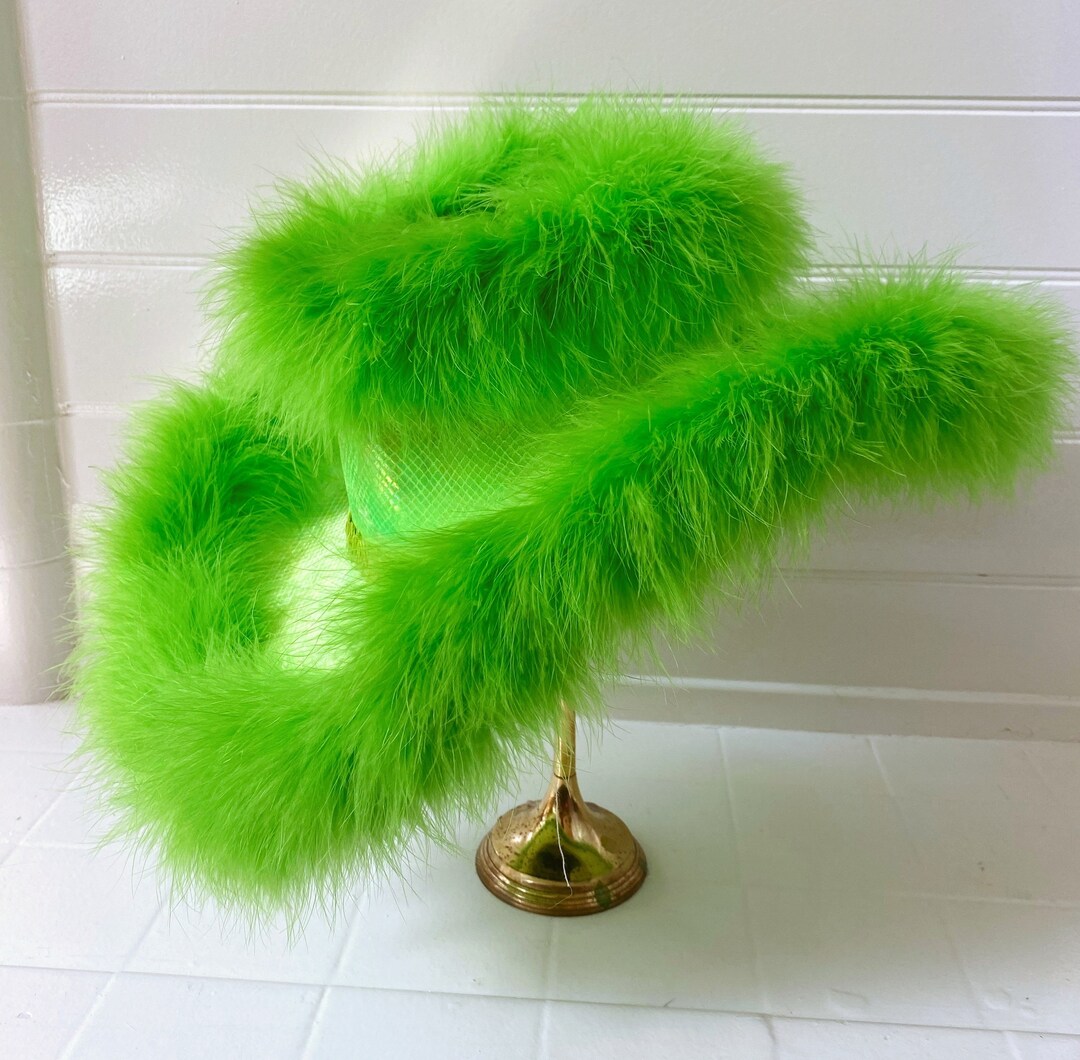 Festival Fluffy Lime Green Cowboy Hat. Fluffy Marabou Trim Cowboy Hat