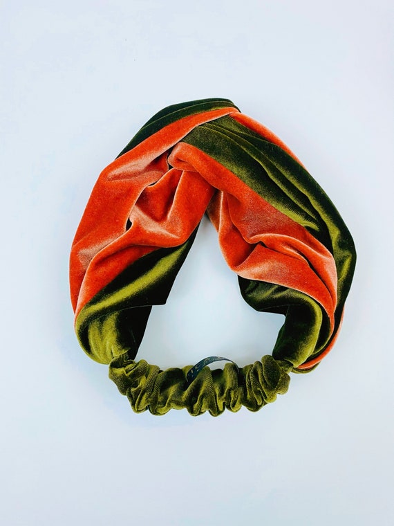 Retro Velvet Olive Green and Cognac Turban Headband NWT Olive Green Soft Velvet Turban Twist Head Wrap Comfy Luxury  main image 4
