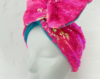 NEW* Iridescent Neon Pink Sequin Headwrap Reversible Turban Headband + Sky Blue Velvet Lining Hollywood Glamour Mardi Gras Costume Accessory