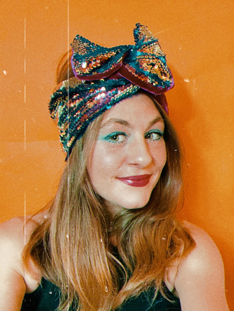 SUNSET Sequin Headwrap. Reversible Iridescent Blue Gold Turban Headband Pink Velvet Lining. Hollywood Glamour Mardi Gras Costume Accessory image 1