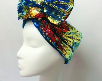 Reversible Mermaid Irridescent Gold Blue Sequin & Teal Blue Luxury Velvet Lining Headwrap/ Turban/ Bow. Party, Celebration, Mardi Gras.