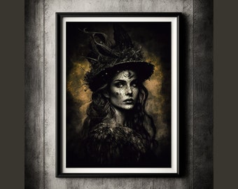 Mystical Witch Art Print Witch art Vintage Witch Print wicca art witch art print witch wall art printable witch art - Black magic woman