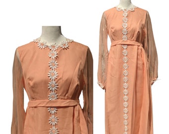 60s Orange Sunflower Trim Prairie Maxi Dress Sheer Puff Sleeves