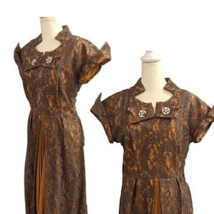 50s Mademoiselle Juliette Copper Brown Lace Rhinestone Cocktail Dress image 1