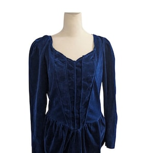 80s Victorian Corset Style Blouse Blue Velvet Gothic Puff Sleeve image 1