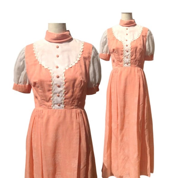 60s Prairie Dress Handmade Orange Sorbet Vintage Maxi Dress