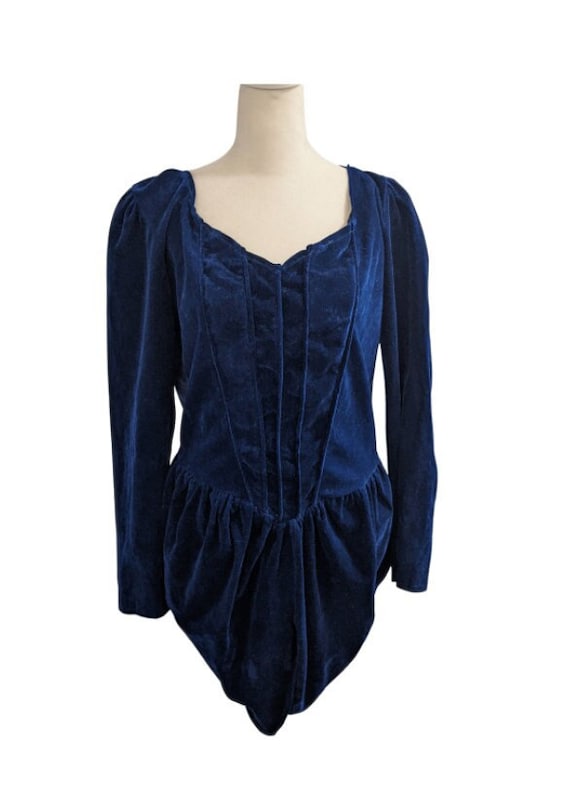 80s Victorian Corset Style Blouse Blue Velvet Goth