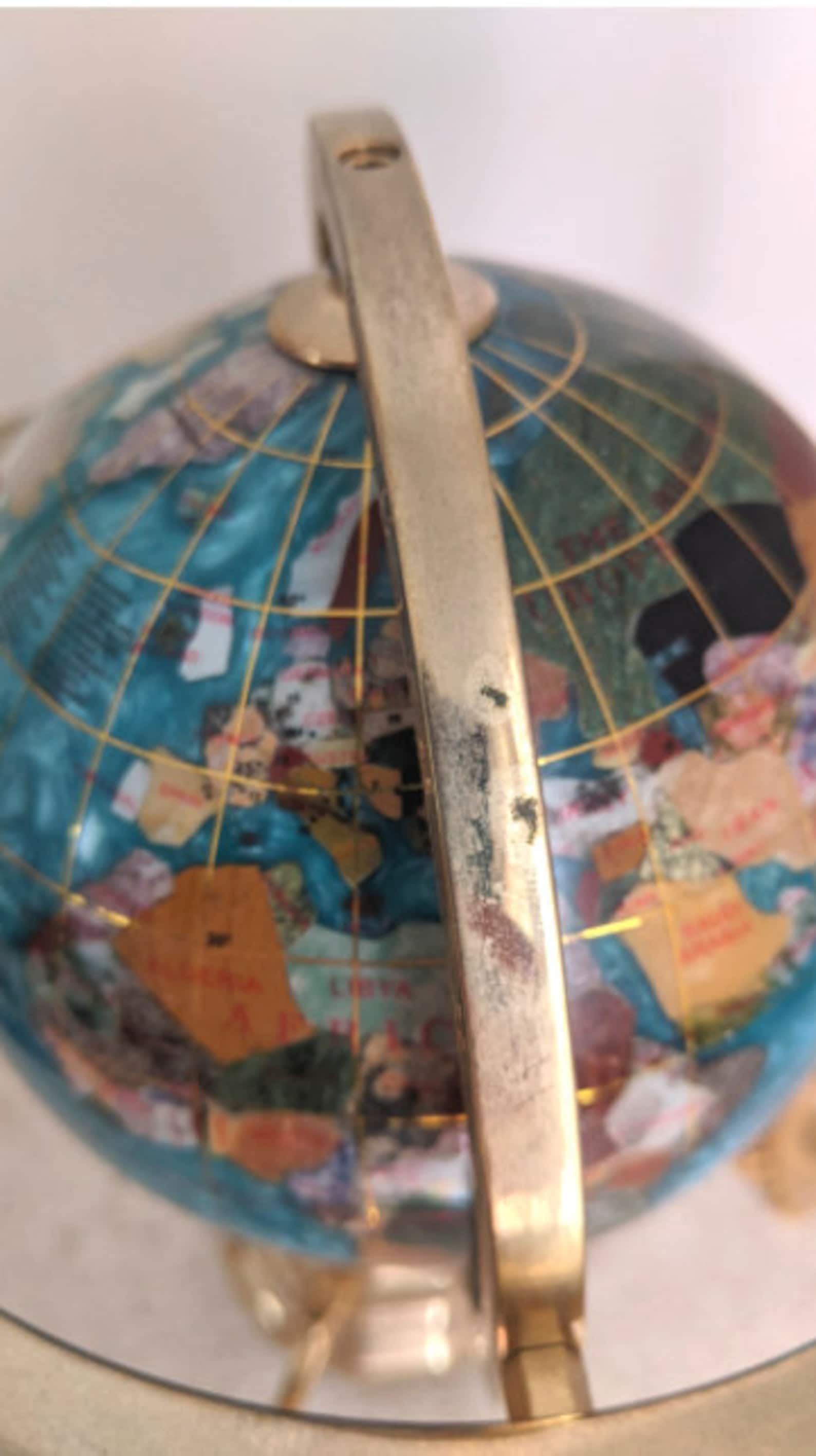 VINTAGE RARE Semi-Precious Gemstone Globe on Brass Stand with