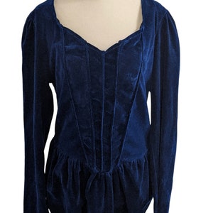 80s Victorian Corset Style Blouse Blue Velvet Gothic Puff Sleeve image 3