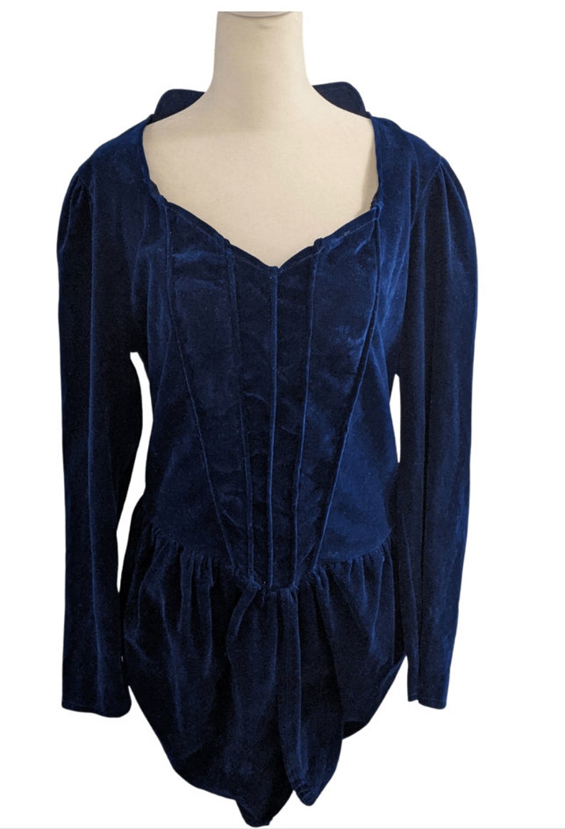 80s Victorian Corset Style Blouse Blue Velvet Gothic Puff Sleeve image 3