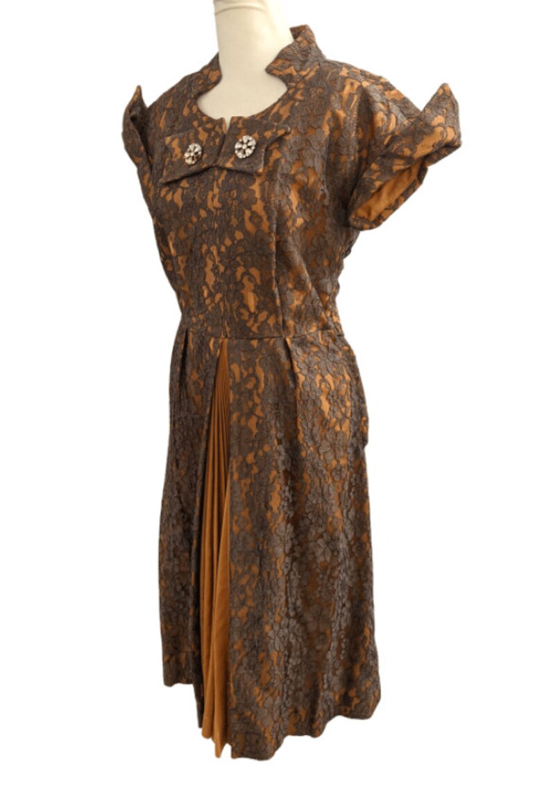 50s Mademoiselle Juliette Copper Brown Lace Rhinestone Cocktail Dress image 4