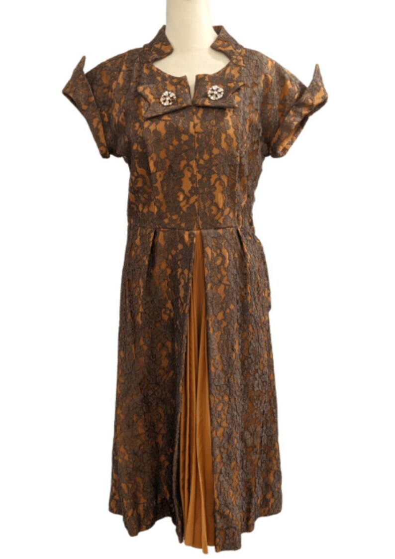 50s Mademoiselle Juliette Copper Brown Lace Rhinestone Cocktail Dress image 3