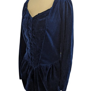 80s Victorian Corset Style Blouse Blue Velvet Gothic Puff Sleeve image 2