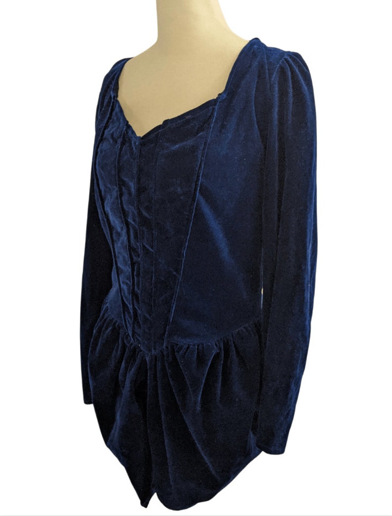 80s Victorian Corset Style Blouse Blue Velvet Gothic Puff Sleeve image 2