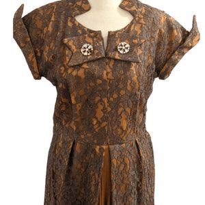 50s Mademoiselle Juliette Copper Brown Lace Rhinestone Cocktail Dress image 2