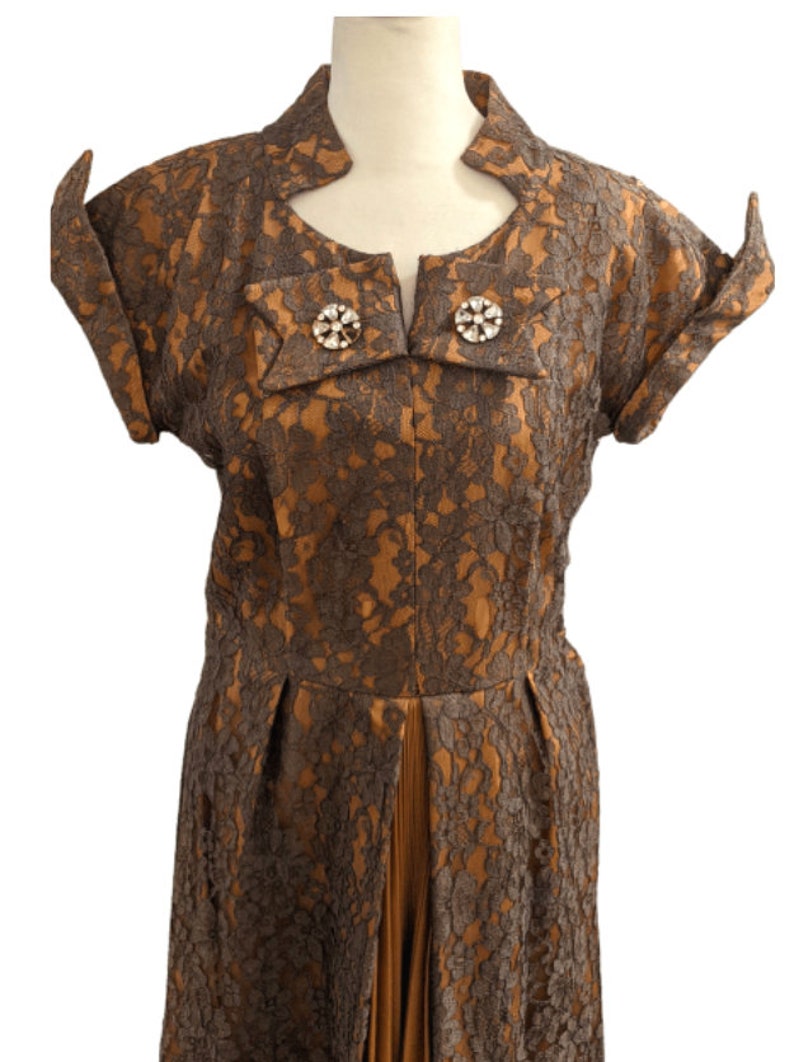 50s Mademoiselle Juliette Copper Brown Lace Rhinestone Cocktail Dress image 2