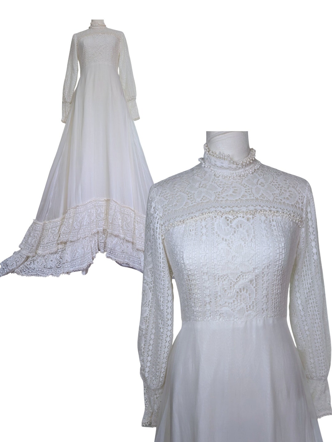 70s Crochet Lace Wedding Gown Turtleneck Long Sleeve Etsy
