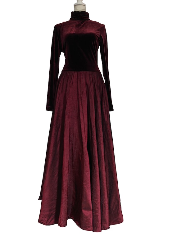 80s Crimson Velvet Gown Luxurious Turtleneck Irid… - image 1