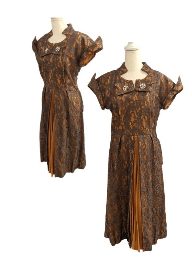 50s Mademoiselle Juliette Copper Brown Lace Rhinestone Cocktail Dress image 1