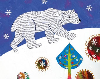Polar bear, ursus, Polar bear art, Polar bear original painting, animal art, snowflakes, collage Polar bear, Christmas art, snow painting.