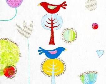 Bird art print, folk art, bird giclee print, contemporary bird painting, animal art, bird art, bird painting, bird on a tree, bird collage.
