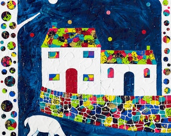 Original painting, 'Moonlight Visitor', acrylic painting, deer art, cottage art, white deer, white cottage, cottage at night, colourful tree