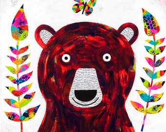 Bear art print, butterfly print, nursery art, mixed media art, fronds, animal art, whimsical art, whimsical animal art, collage bear, giclee