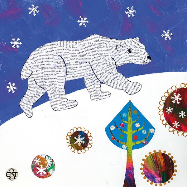 Christmas card, Polar Bear card, Polar Bear Christmas card, animal card, The Arctic, Ursus, collage bear, mixed media card, Christmas tree.