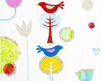 Original painting, acrylic painting, bird painting, bird art, contemporary art, colourful art, collage, mixed media art, bird in tree.