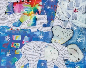 Polar Bear giclee print, Polar Bear art, animal art, art prints, giclee prints, Arctic Walk, two Polar Bears, whimsical art, mixed media.