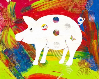 Pig art, white pig, pig art print, pig giclee print, whimsical pig, colourful pig, mixed media art, collage art, contemporary animal art.