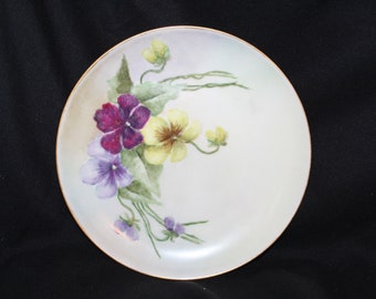 LIMOGES collectable plate Made In France Believed to be 1905 to 1930 Hand Painted Purple Violets Pansies Yellow