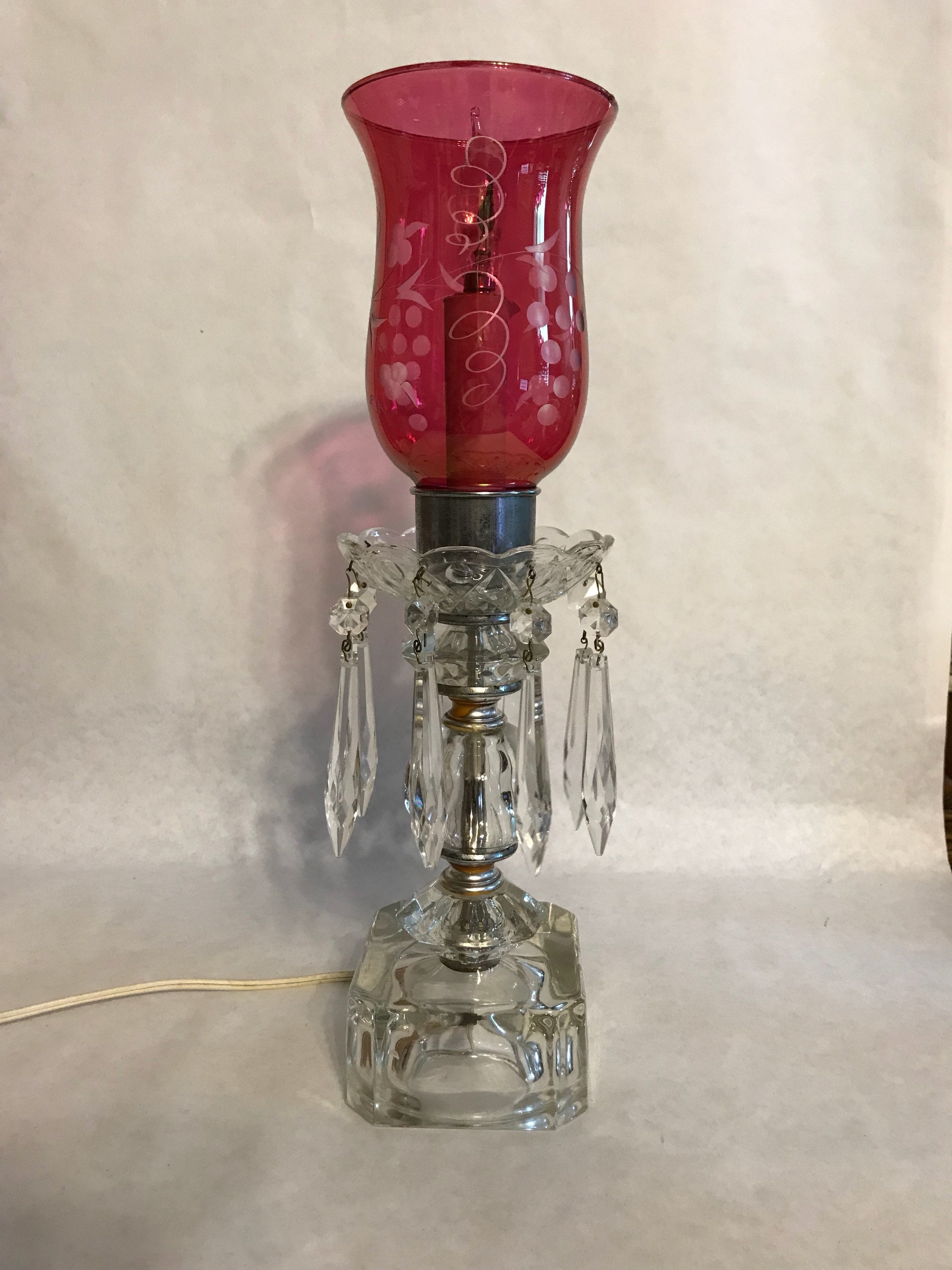 E1 Vintage Hurricane Candle Lamp Etched Cranberry Glass Shade Etsy