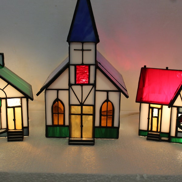 Crystal Village Illuminated Stained Glass Village 1995 Hand Crafted Church and 2 Houses BULBS NOT INCLUDED