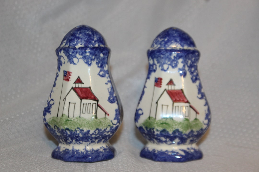 Vintage Hand Made Ceramic Blue Spongeware With Hand Painted Light House